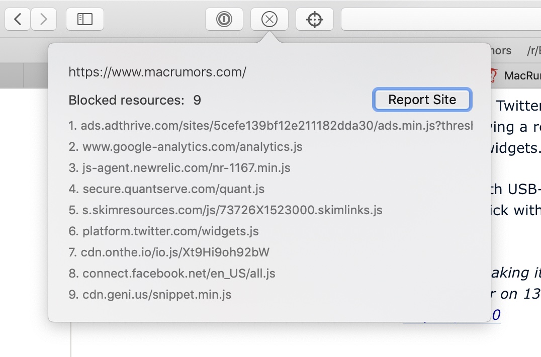 Popup displayed from the Safari toolbar. Shows: www.macrumors.com; Blocked resources: 9; Report site button; list of the resource URLs below.
