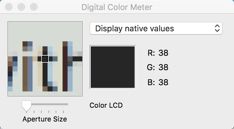 Digital Color Meter: R:38 G:38 B:38