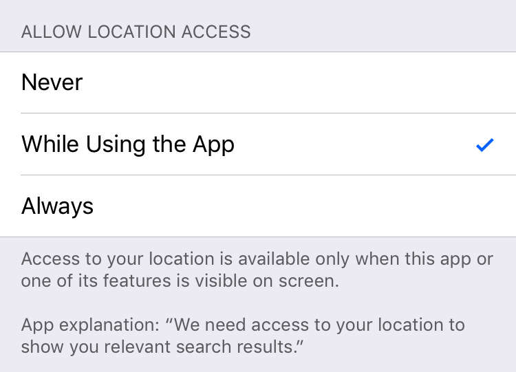 Allow Location Access: Never / While Using the App / Always