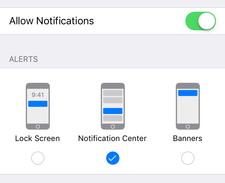 In the settings app: Allow Notifications | Alerts: Lock Screen (off) / Notification Center (on) / Banners (off)