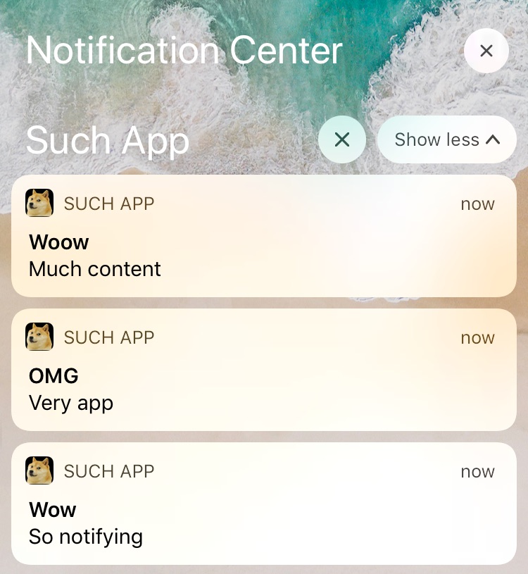 3 expanded notifications from Such App: Woow, Much content / OMG, Very app / Wow, So notifying