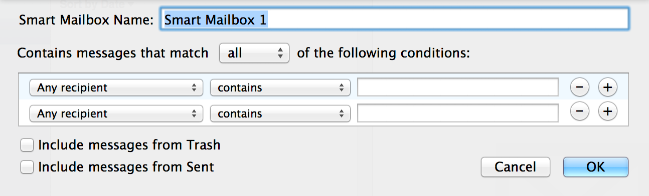 A panel for adding new smart mailbox in Mail on Mavericks, showing circular buttons with plus/minus icons