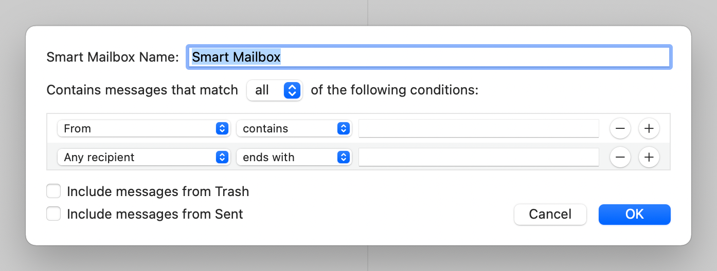 A panel for adding new smart mailbox in Mail on Monterey, showing circular buttons with plus/minus icons