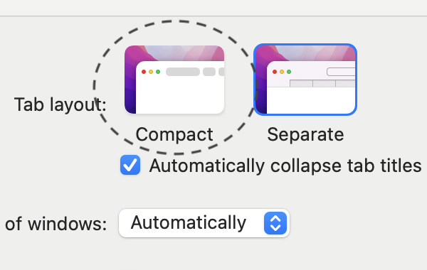 Compact/Separate mode switch buttons in Safari 15 Preferences