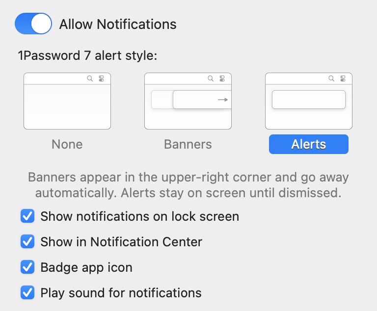 Notifications panel in System Preferences showing an NSSwitch at the top with the label ‘Allow Notifications’