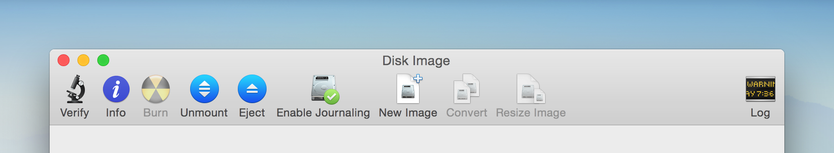A toolbar with large icons in older version of Disk Utility