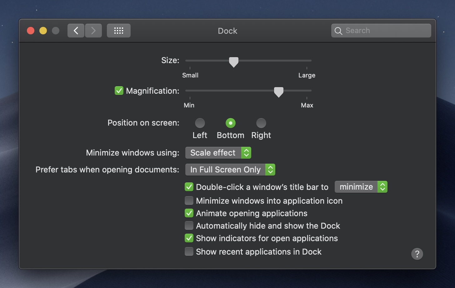 Dock settings in System Preferences in Mojave (dark mode, green accents)